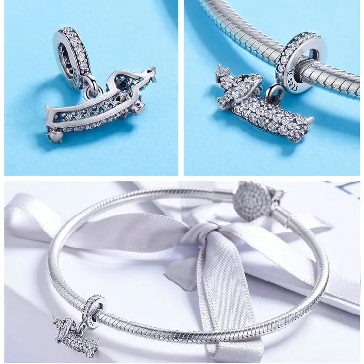 BISAER 925 Sterling Silver Dog Charm | Cute Dachshund Pet Bead Pendant for Women’s DIY Bracelet Jewelry