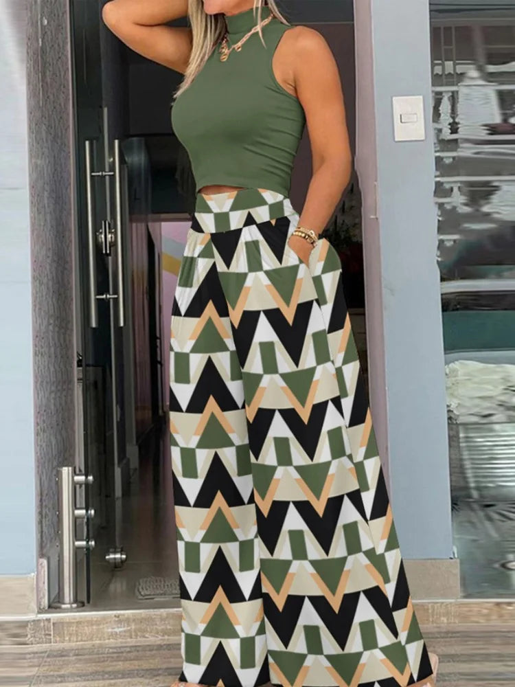 2025 Summer Fashion Printed Two Piece Set Women – Sleeveless Tank Top & Wide Leg Pants 🌞👚👖