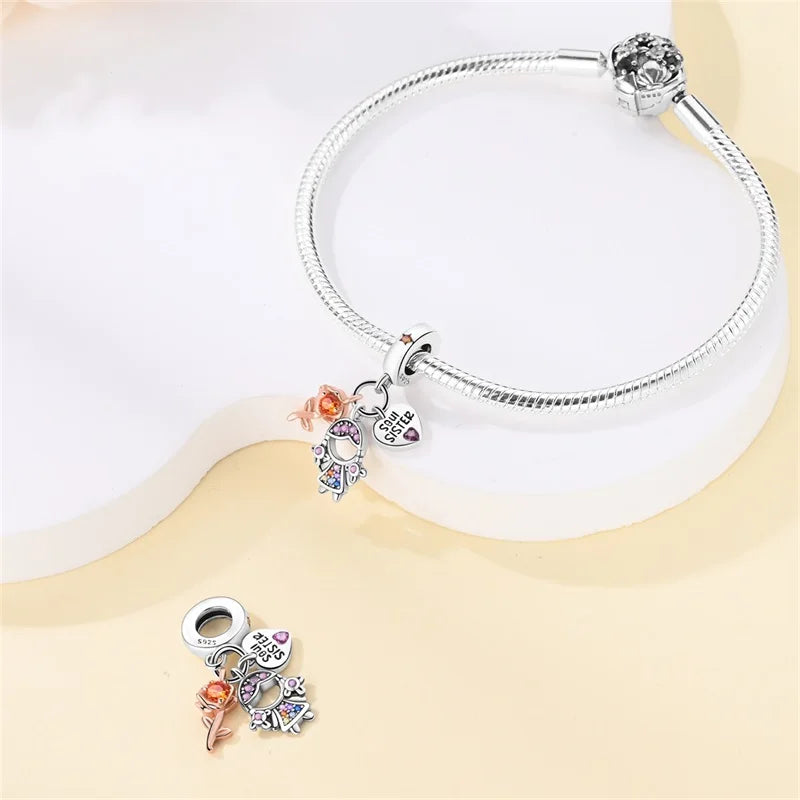 925 Sterling Silver Sweetheart Sister Charm | Fit Original Pandora & 3mm Bracelets DIY Jewelry Gift for Women