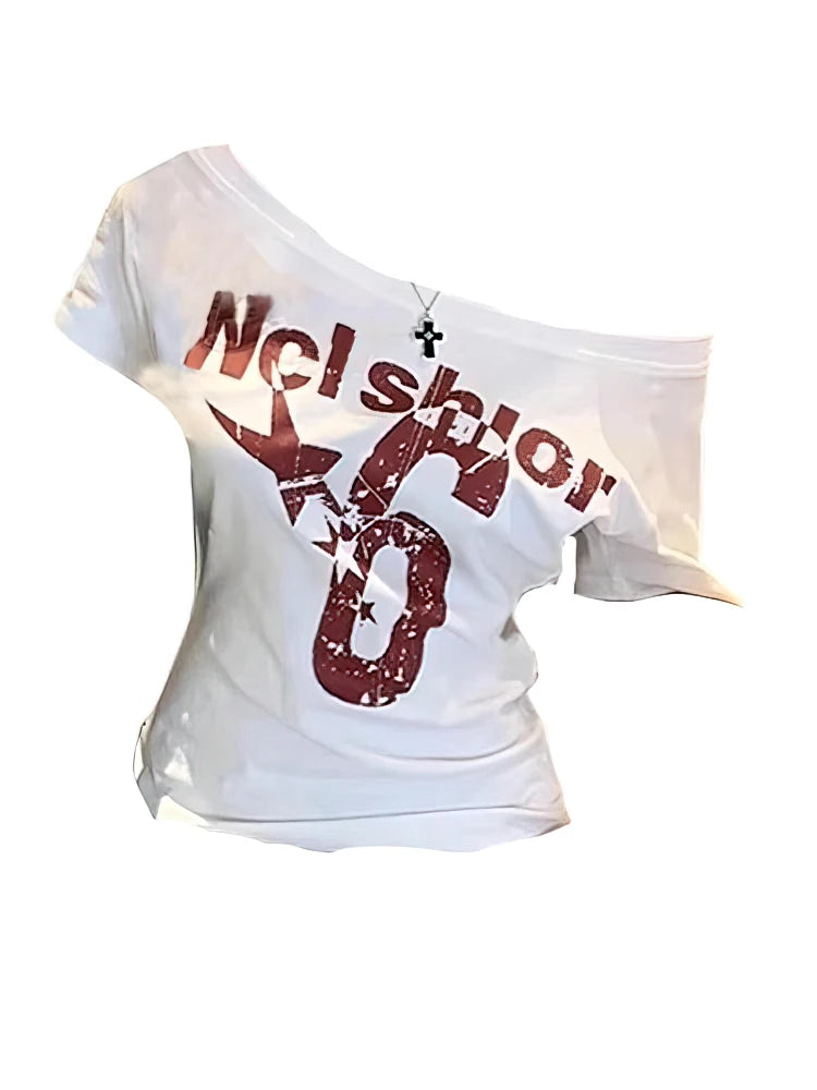 Y2K Sport Summer Off Shoulder Top for Women – Sexy Vintage 2000s Crop T-Shirt Short Sleeve Casual Body Fit Top