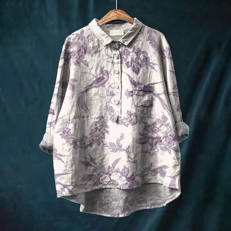 Women’s Cat Print Casual Long Sleeve Shirt – Stand-Up Collar Vintage Indian Ethnic Style Top