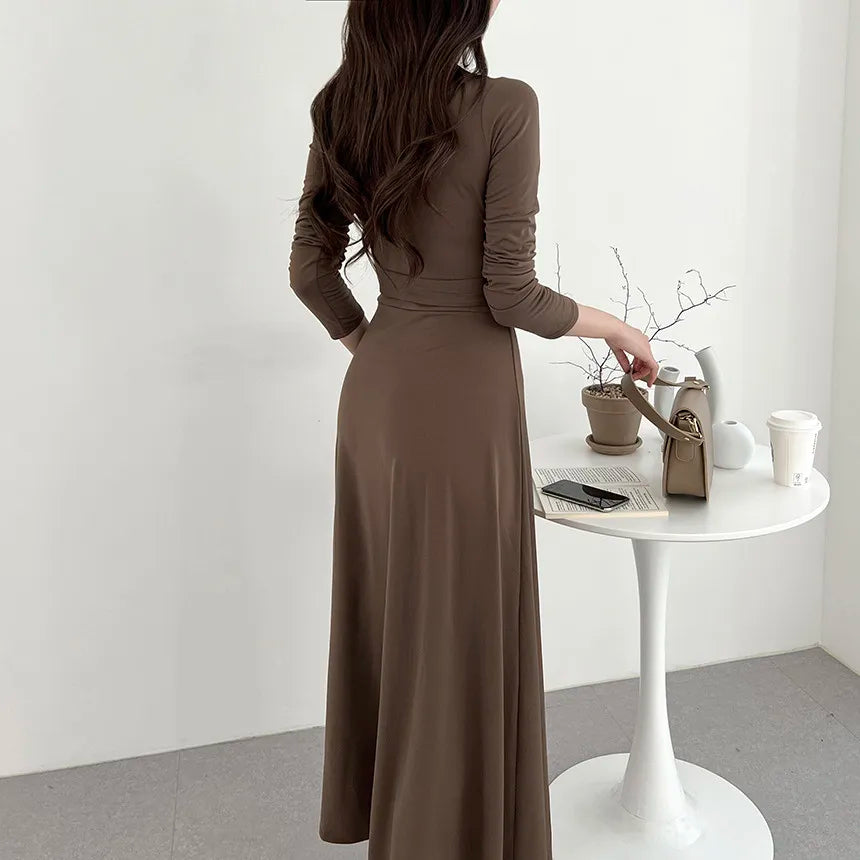 ✨ Slimming V-Neck Cross Wrap Long Dress 👗 Women's Base Layer Dress 🌸 Belted Waist Split Long Sleeve Colorful Commute Wear