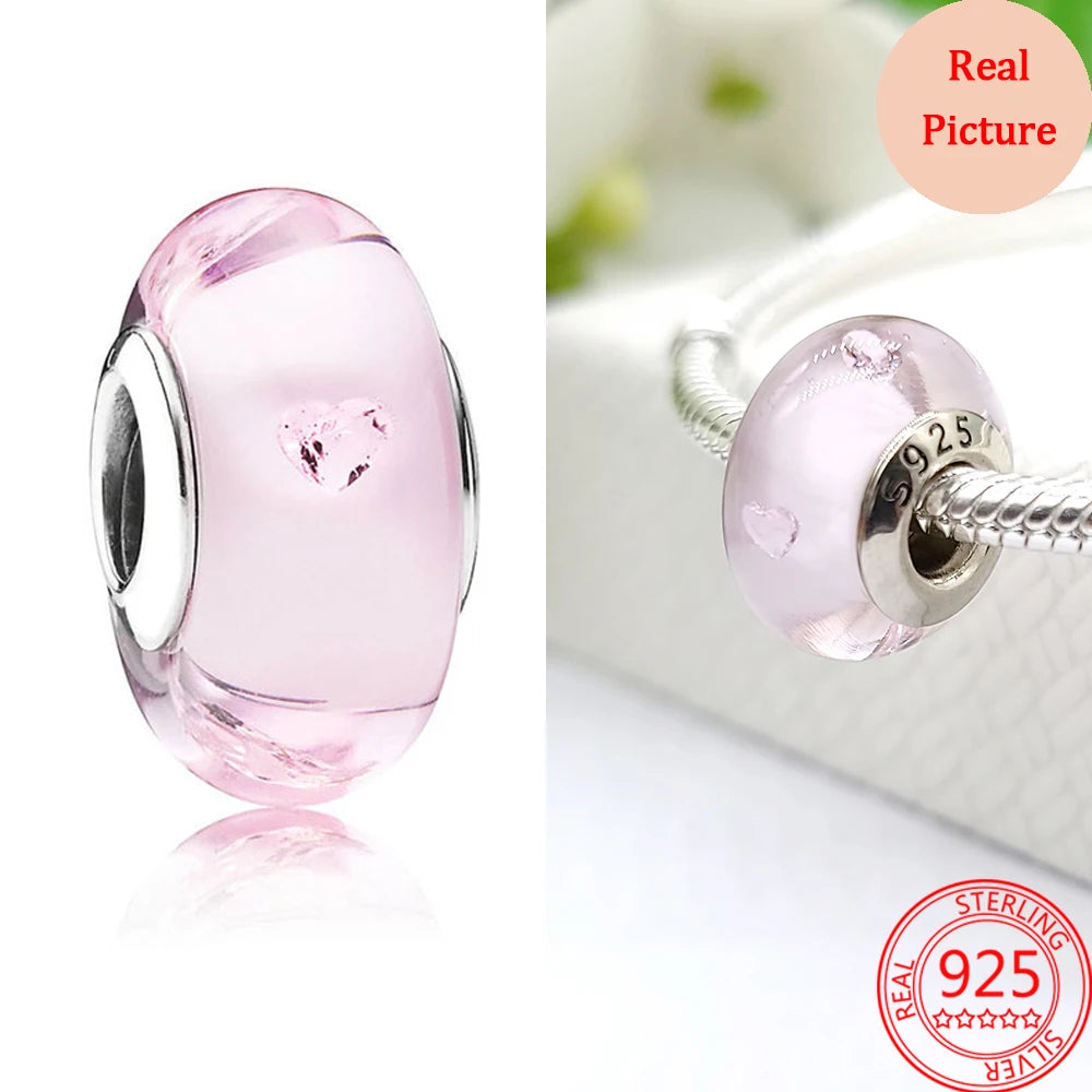 925 Sterling Silver Murano Glass Galaxy & Clover Heart Beads | Fit Pandora Bracelet DIY Jewelry Gift for Mum
