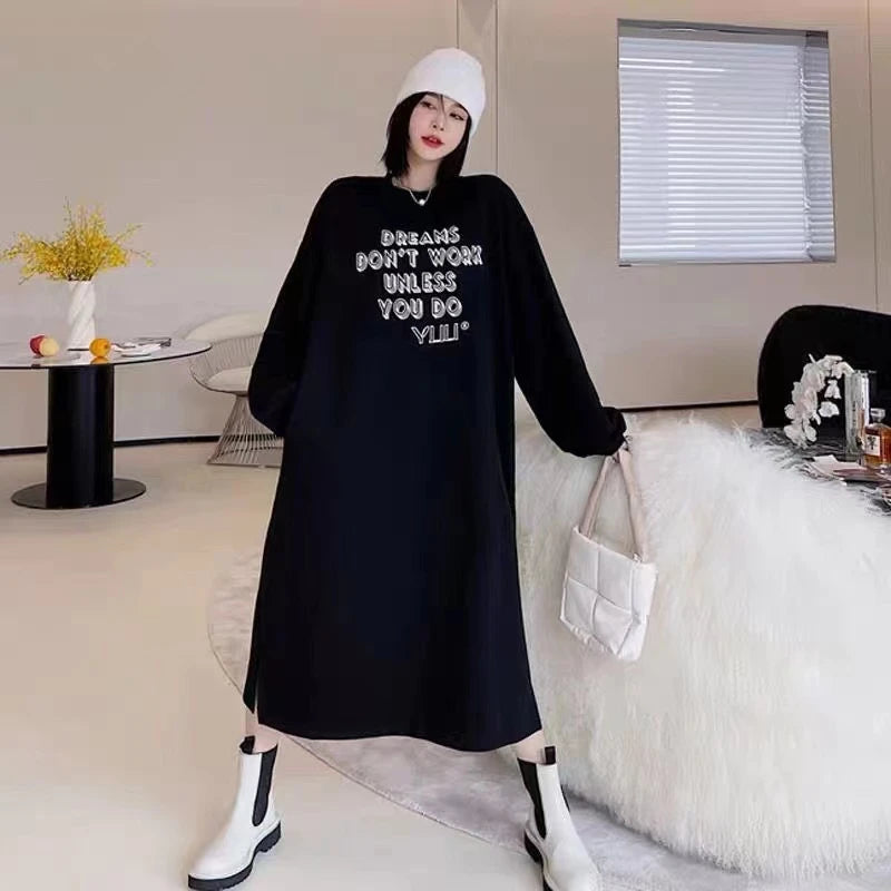 Lazy Person's Winter Sweatshirt Dress ❄️ Loose Casual Home & Outdoor Wear 👗 Personalized Letter Design 🌟