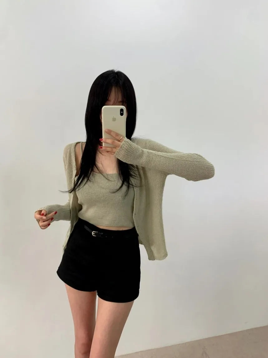 Simple round Ne Button up Knit Sweater Strap Set Casual Sle Polyester Fiber Open Cardigan for Women Autumn Winter ential