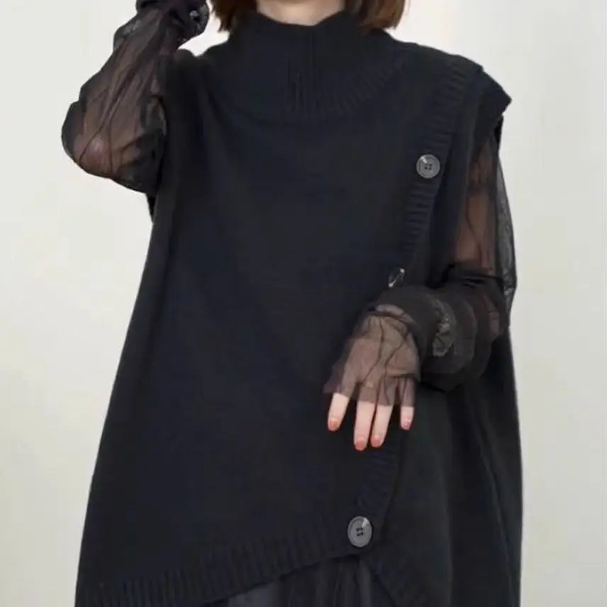 Women’s Sleeveless Long Sweater Vest | Vintage Irregular Spliced Button Knitwear | Elegant Turtleneck Loose Pullover