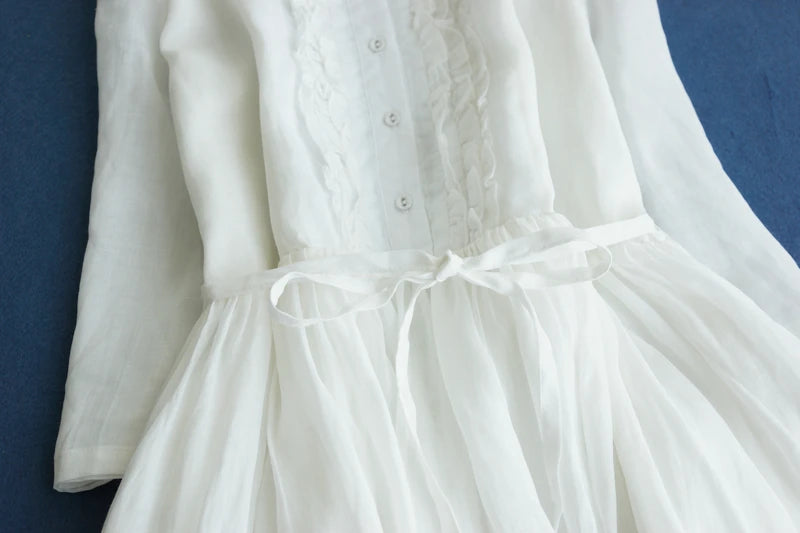 Japanese Style Women’s Long Sleeve Cotton Linen Dress | Wooden Ear Design Loose A-Line Skirt with Waist Belt