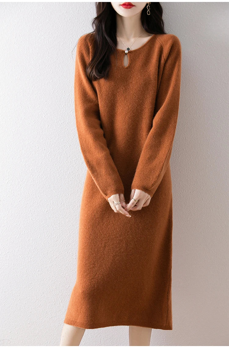 Loose Knitted Sweater Dress for Women – Round Neck Long Sleeve Casual Autumn New Arrival Elegant Fashion Dress