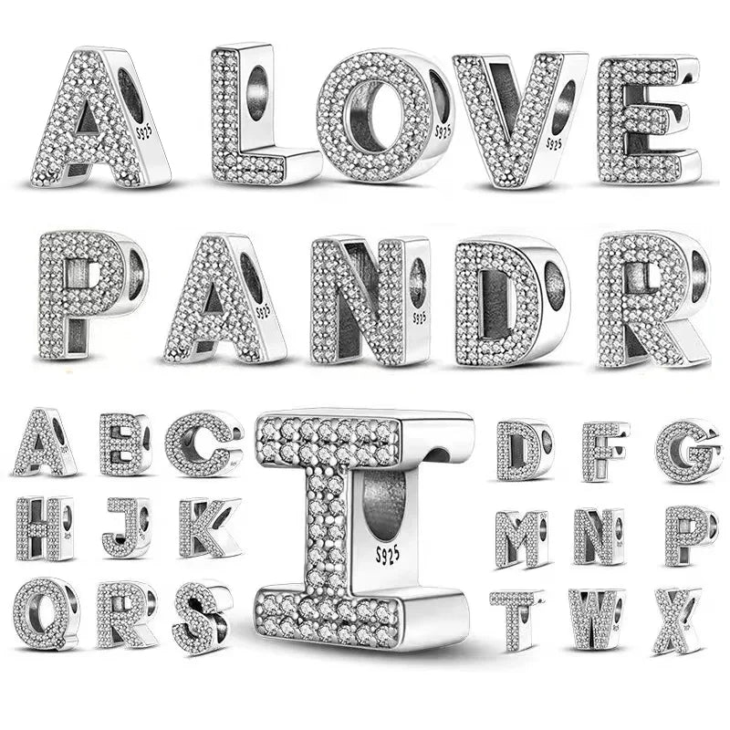 925 Sterling Silver Alphabet Letter Charm Beads with Shiny Zircon – A-Z Initial Beads for Pandora DIY Bracelet & Women’s Jewelry