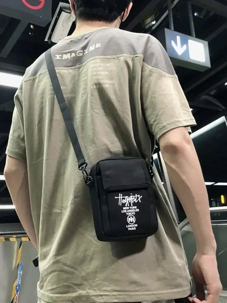 Casual Black Canvas Crossbody Bag | Pocket Messenger Bag for Women & Students