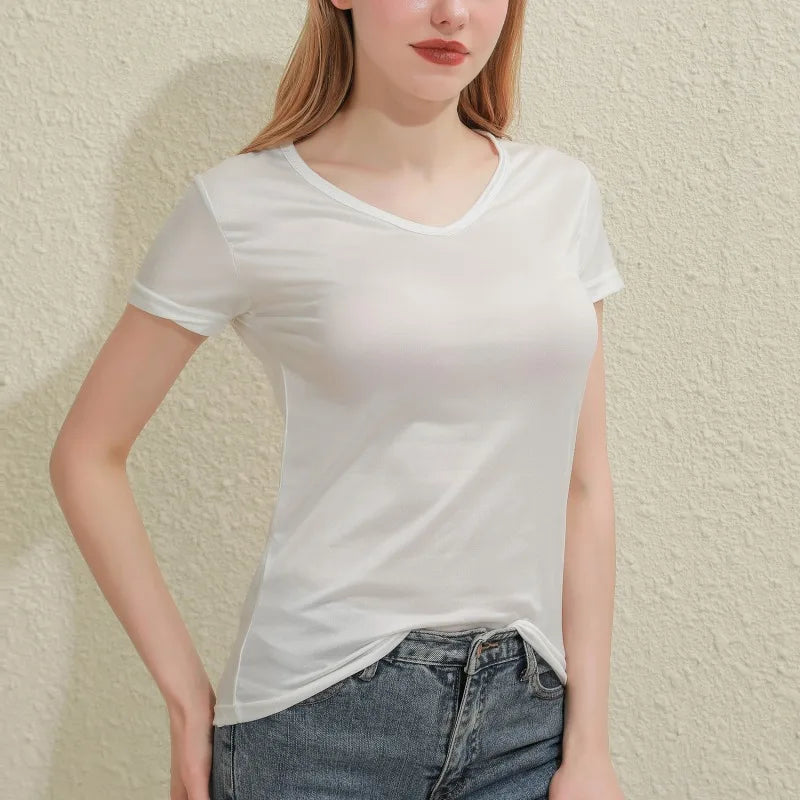 Spring Summer Women V-Neck T-Shirt – Slim Fit Short Sleeve Casual Solid Black & White Ladies Tee Tops