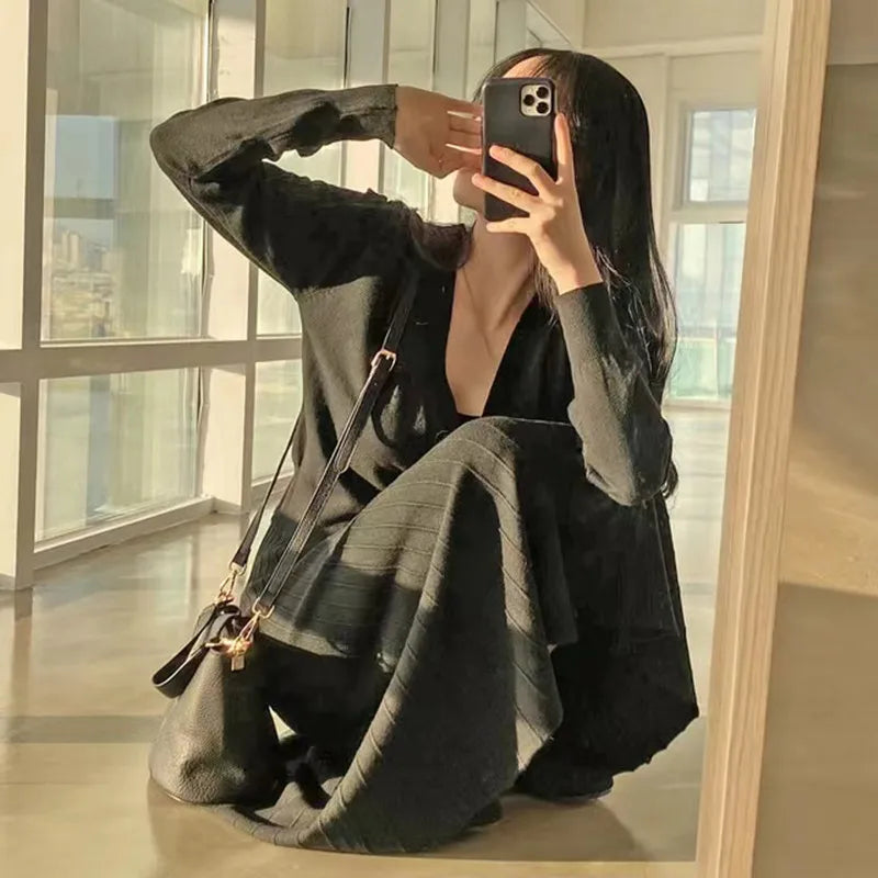 Autumn Winter New Slim Fit Strap Dress – Casual Versatile Long Sleeve Maxi Skirt | Elegant Polyester Fiber Outerwear Dress