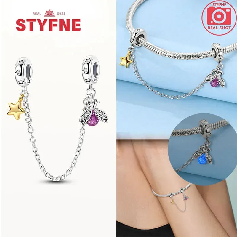 S925 Silver Cute Cat Heart Bead Safety Chain Fit Original Bracelet