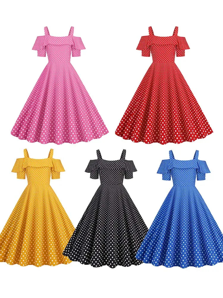 Off-Shoulder Elegant Vintage Party Dress – Women’s Summer Polka Dot Ruffles A-Line Midi Dress