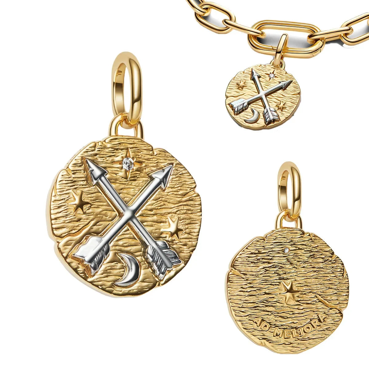 925 Sterling Silver Golden Round Necklace & Bow Earrings Set | Stars, Moon & Heart Charms Beads Women Jewelry Gift