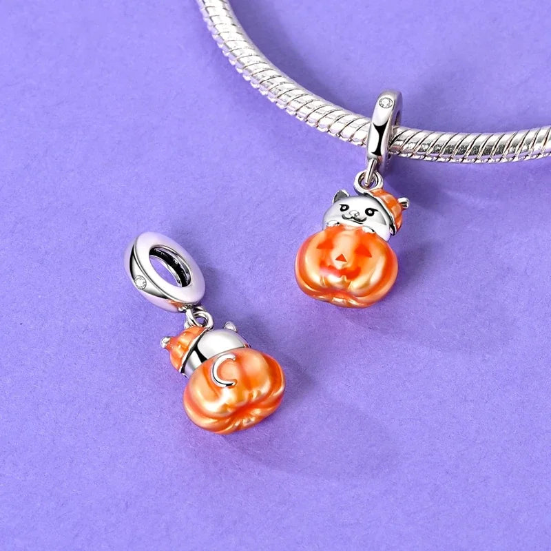 Halloween 925 Sterling Silver Luminous Pumpkin Witch Charm | Skeleton, Mummy & Candy Bead for DIY Bracelet Jewelry Gift