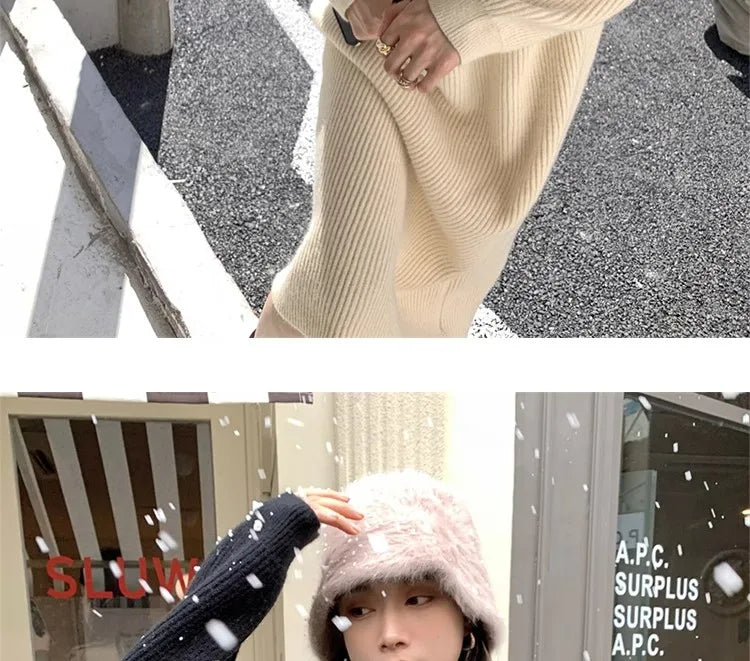 Autumn Winter Knitted Zipper Collar Dress for Women – Long Sleeve Loose Fit Pure Color H-Shape Casual Warm Dress