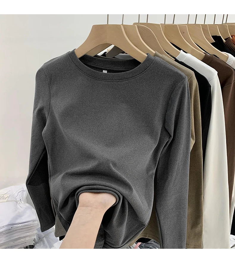 Women’s Winter Thickened Fleece-Lined Round Neck Long Sleeve Base Shirt | Slim Fit Solid Color Thermal Inner Wear Top