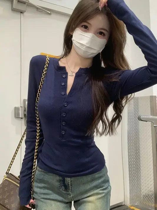 Slim Fit Long Sleeve T-Shirt – Women’s Autumn Winter Open Collar Korean Style | Spicy Girl Commute Top