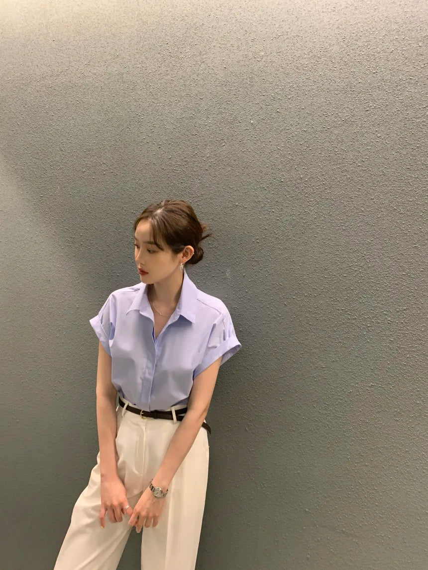 Chic Summer Loose Women’s Shirt | Classic Pure Color Professional Blouse with Small Lapel Collar
