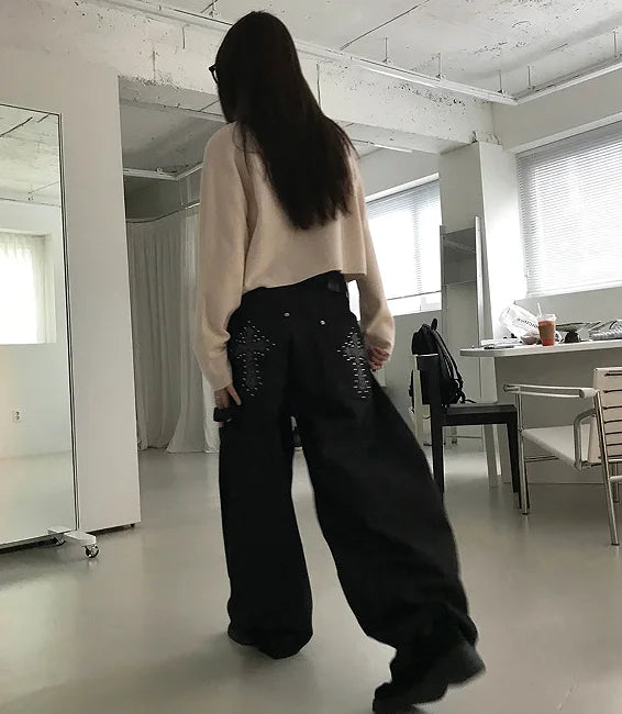 High Waist Wide-Leg Floor-Length Denim Jeans for Women – American Retro Casual Workwear Pants with Beaded Details