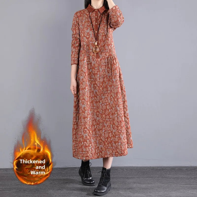 Thickened Floral Print Retro Women’s Dress – Cotton-Lined Warm A-Line Skirt with Long Sleeves & Collar | Winter Casual Dress