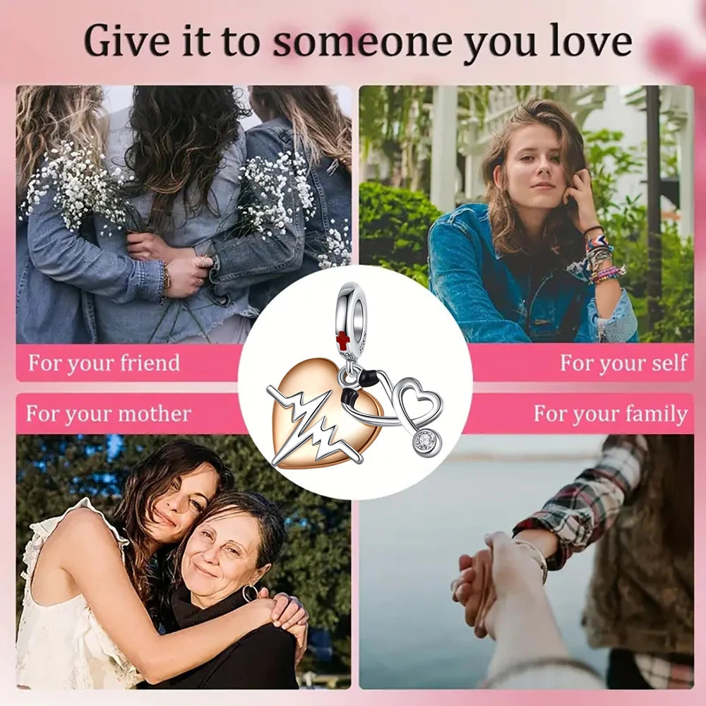 2025 Hot Sale 925 Sterling Silver Heartbeat & Stethoscope Dangle Charm Bead | Fit Pandora Bracelet