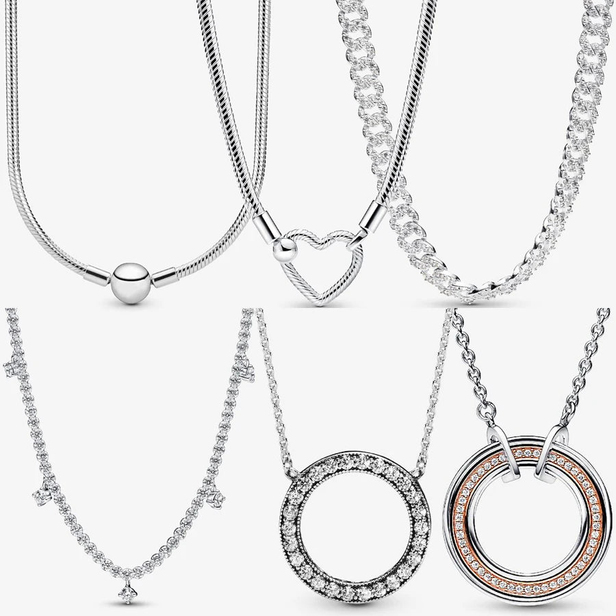 925 Silver Shining Round Double Ring & Heart-Shaped Cuban Tennis Necklace – DIY Charm Jewelry for Women