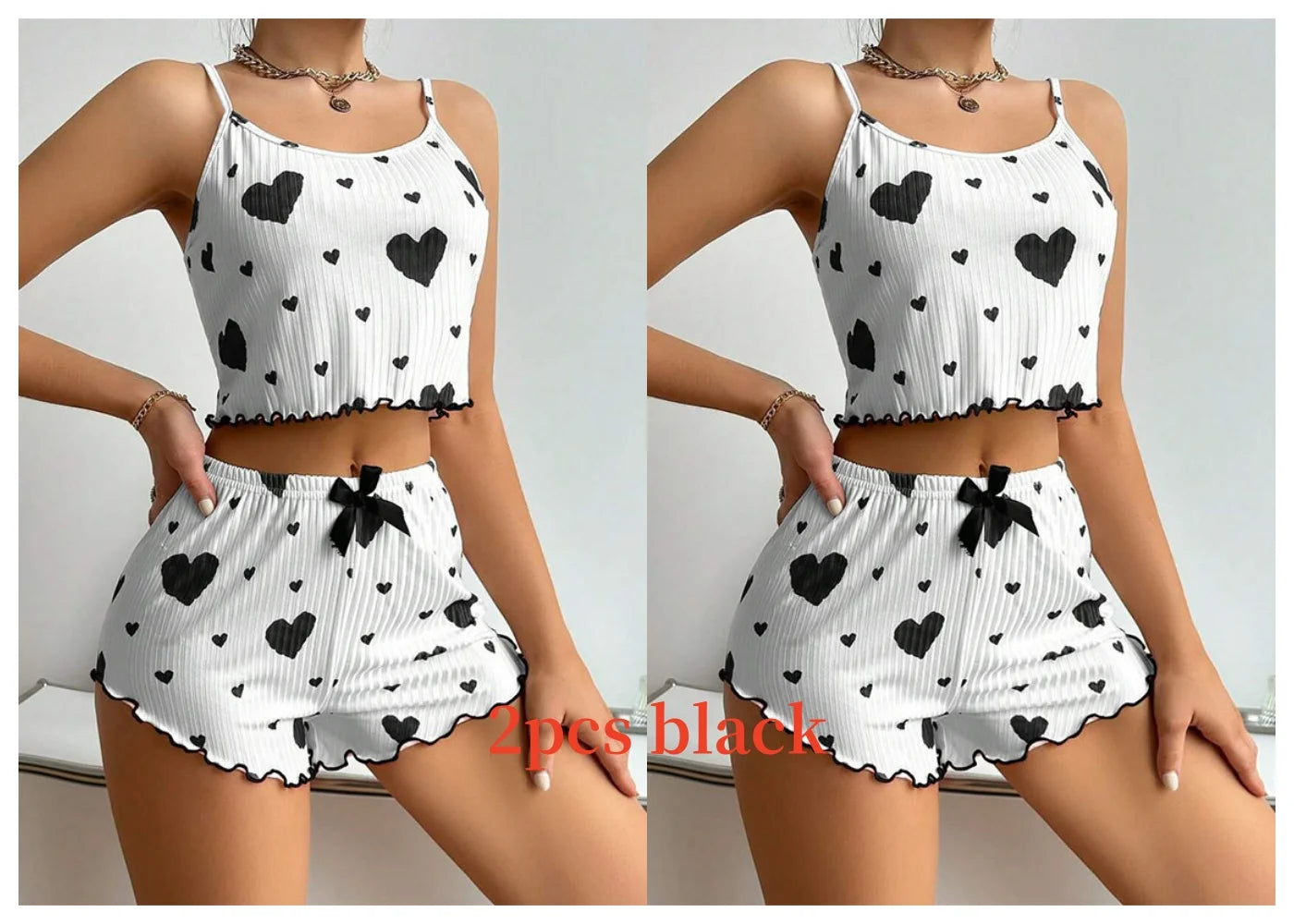 Women’s 2-Piece Pajamas Set – Short Tank Top & Shorts Sleepwear, Soft Casual Ventilated Loungewear with Love Print