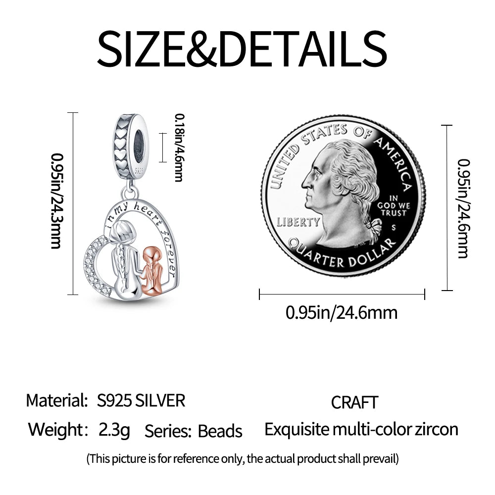 925 Sterling Silver Mother Daughter Love Embrace Pendant Charm | Heart Shaped Bracelet Bead DIY Fine Jewelry Gift