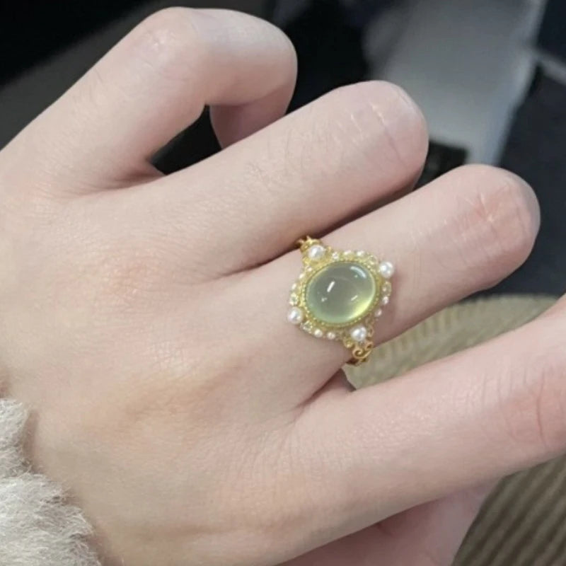 PANJBJ 925 Sterling Silver Hotan Jade Geometric Adjustable Ring | Retro Delicate Jewelry Gift for Women