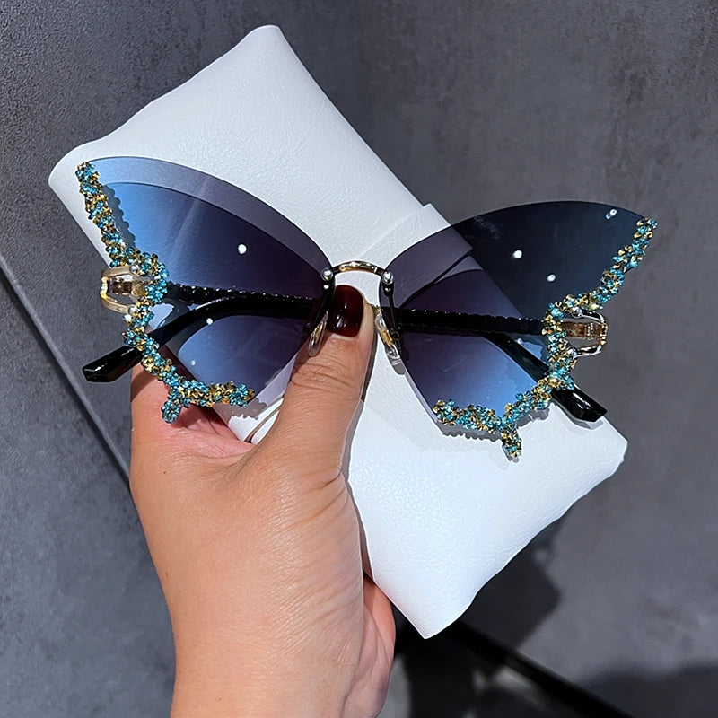 Luxury Diamond Butterfly Sunglasses for Women – Brand Y2K Vintage Rimless Oversized Sun Glasses | Ladies Eyewear