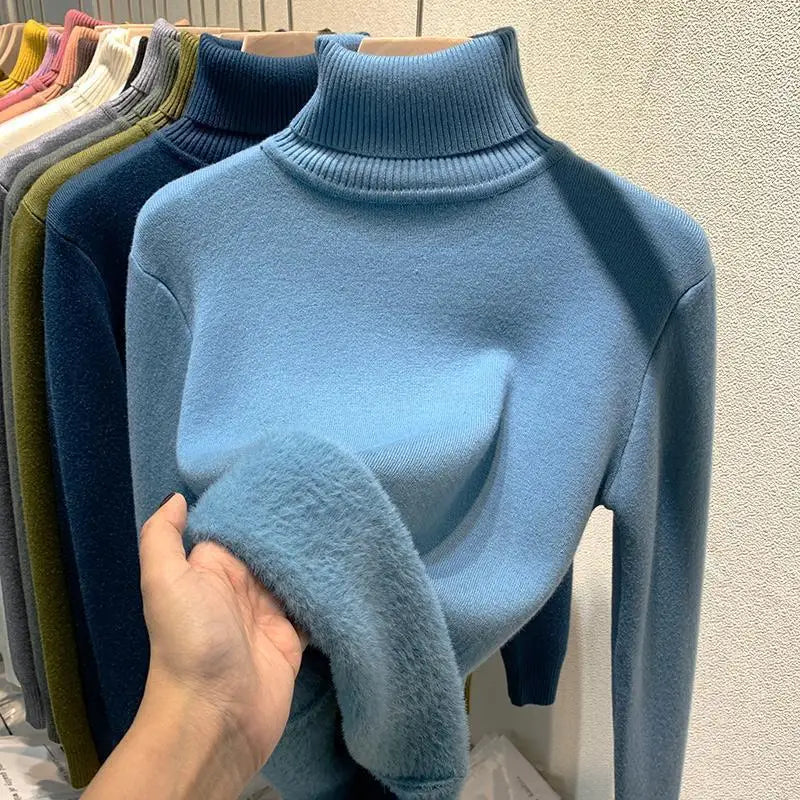 2025 Women’s High Collar Pullover Sweater – Thick Warm Soft Winter Top | Solid Color Bottoming Shirt