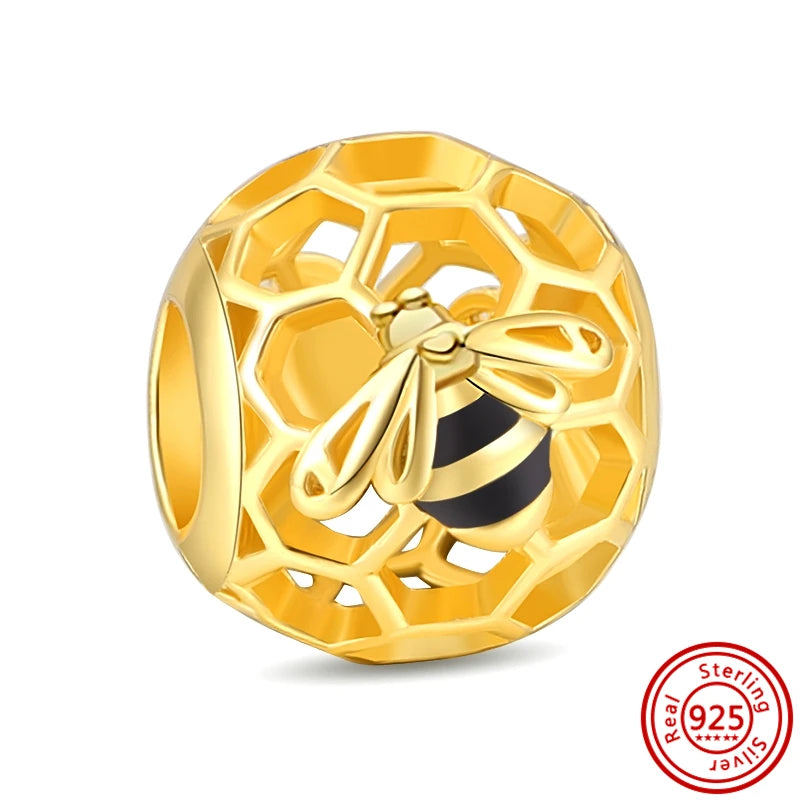 New Plated Gold Sparkling Charm Palace Museum Chicken Cactus Bee Bead | Fit Original 925 Silver Bracelet DIY Jewelry Gift