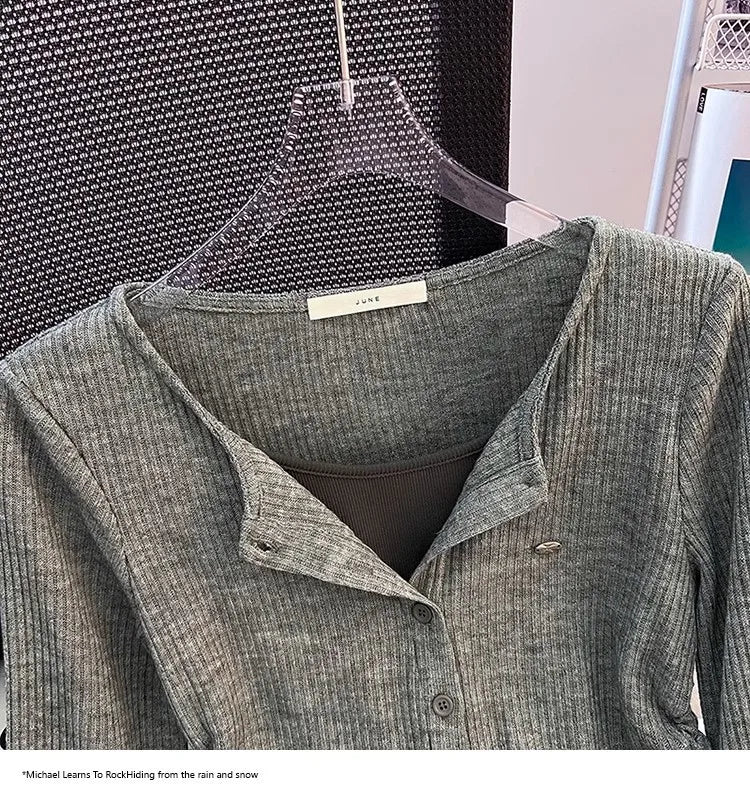 Unique Design Long Sleeve Slim Fit T-Shirt – Women's Plus Size Early Autumn Base Shirt, Korean Style Knitted Top