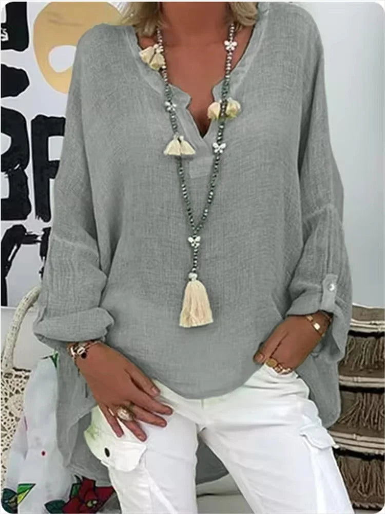 Women’s Loose V-Neck Long Sleeve Blouse | 6-Color Casual Solid Top for Spring & Autumn