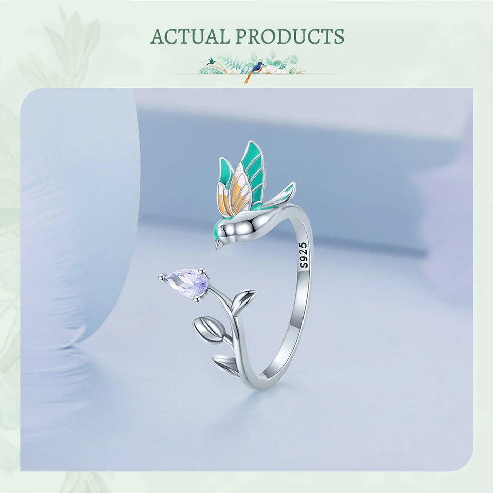 BISAER 925 Sterling Silver Floral Bird Open Ring | Adjustable White Gold Plated Flower Band for Women – Fine Party Jewelry