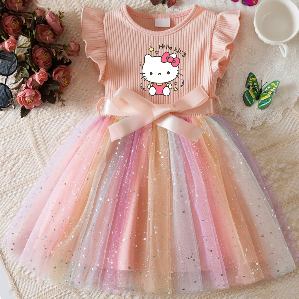✨ Hello Kitty Girls Sequins Dress 🎀 Rainbow Tulle Princess Dress 🌈 Toddler Birthday Party Outfit 👧 Ages 1–5 Years