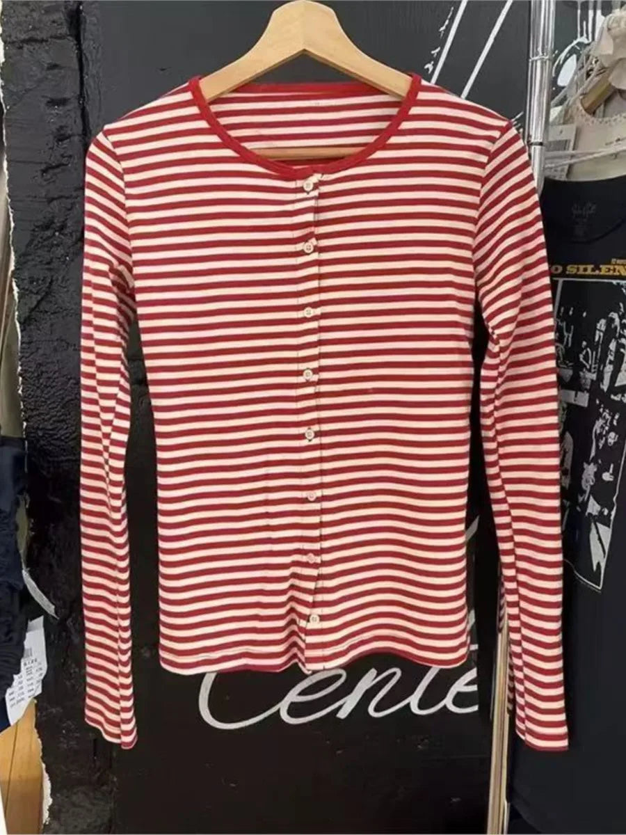 Women’s Pink Striped Slim Long Sleeve Tee | Casual Cotton O-Neck T-Shirt | Sweet Vintage Y2K Top