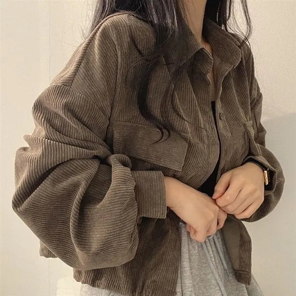 Black Corduroy Cardigan for Women | Korean Loose Fit Long Sleeve Jacket 2025