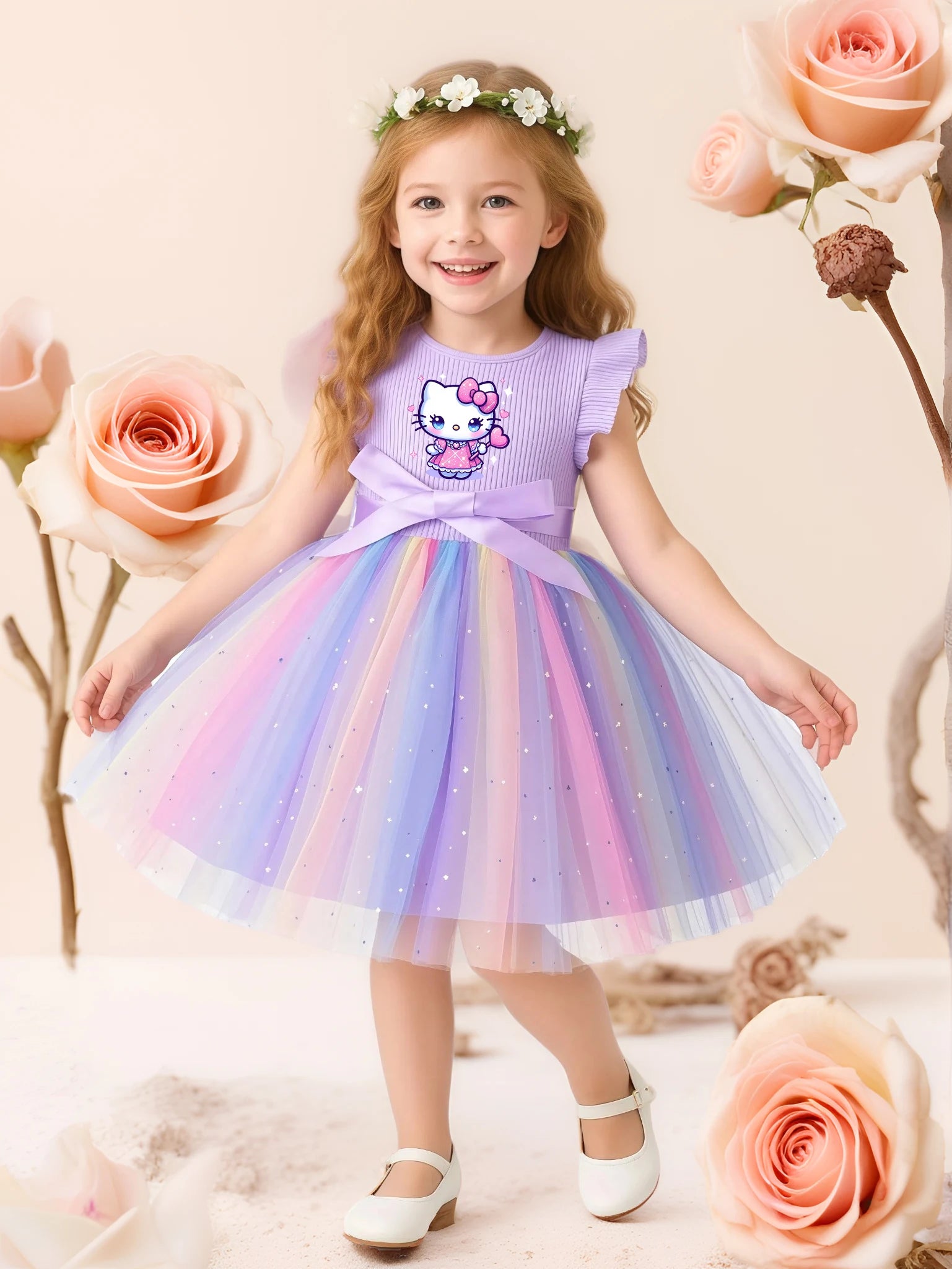 Hello Kitty Flying Sleeves Bow Sequin Princess Dress for Girls | Birthday Party Tutu Dress | Fluffy Baby Girl Dress 1–5 Years