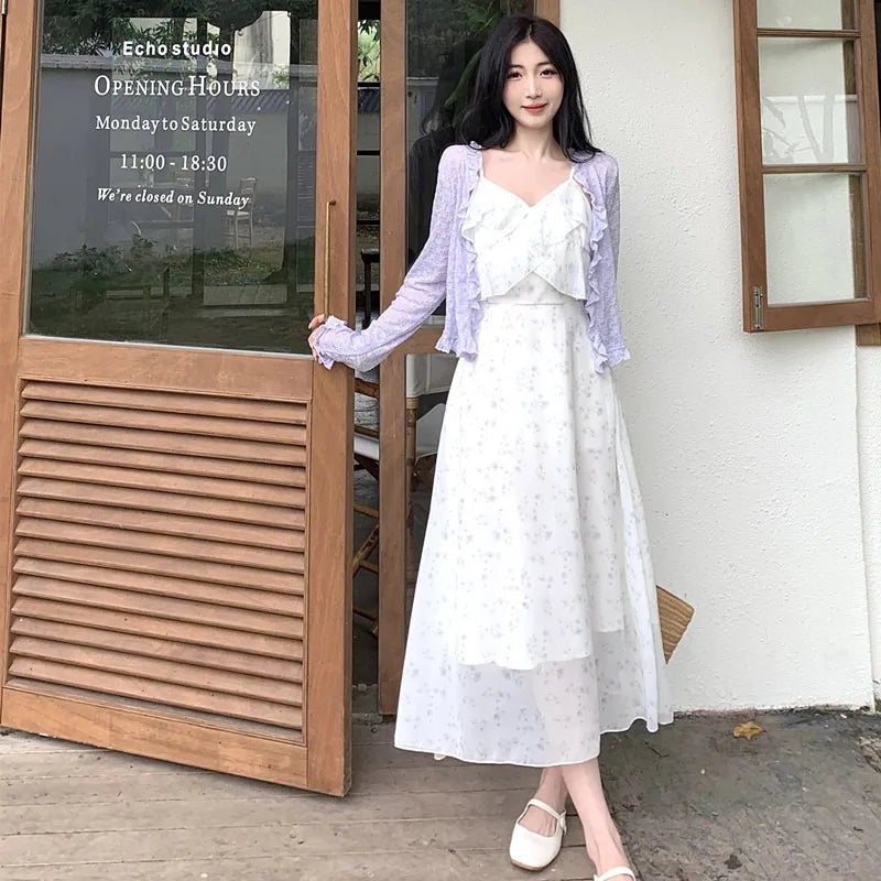 Floral Print Chiffon Tiered Dress – Slimming Tea Break V-Neck Skirt with Plant & Floral Pattern | Women’s Commute Wear