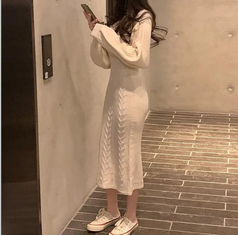 Women's V-Neck Knitted Sweater Bodycon Dress – Autumn Winter Long Lantern Sleeve Slim Fit Fashion Dress