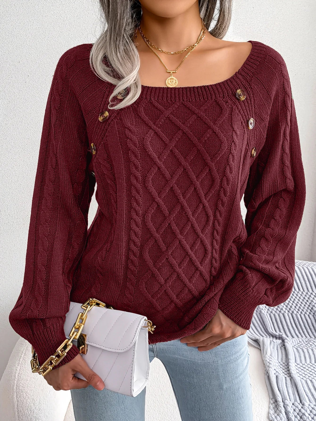 Women’s Casual Square Collar Knitted Pullover Sweater – Long Sleeve Autumn Winter 2025 Top