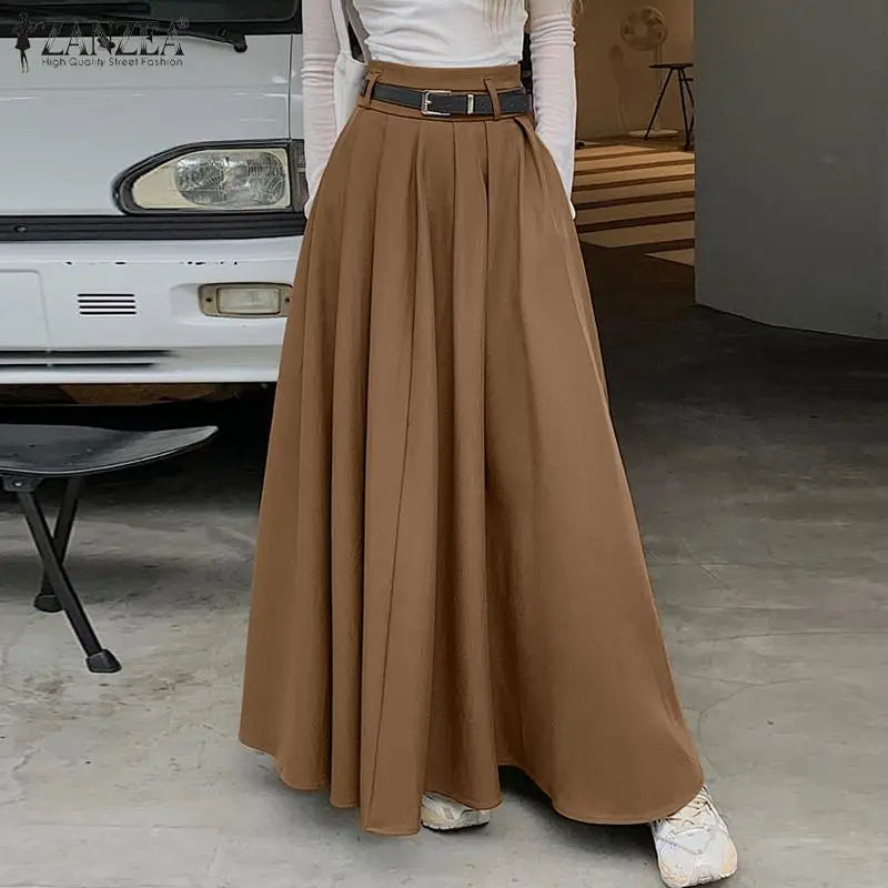 ZANZEA Women High Waist Pleated Swing Skirt – Vintage Korean Style Long Solid Skirt for Spring 2024