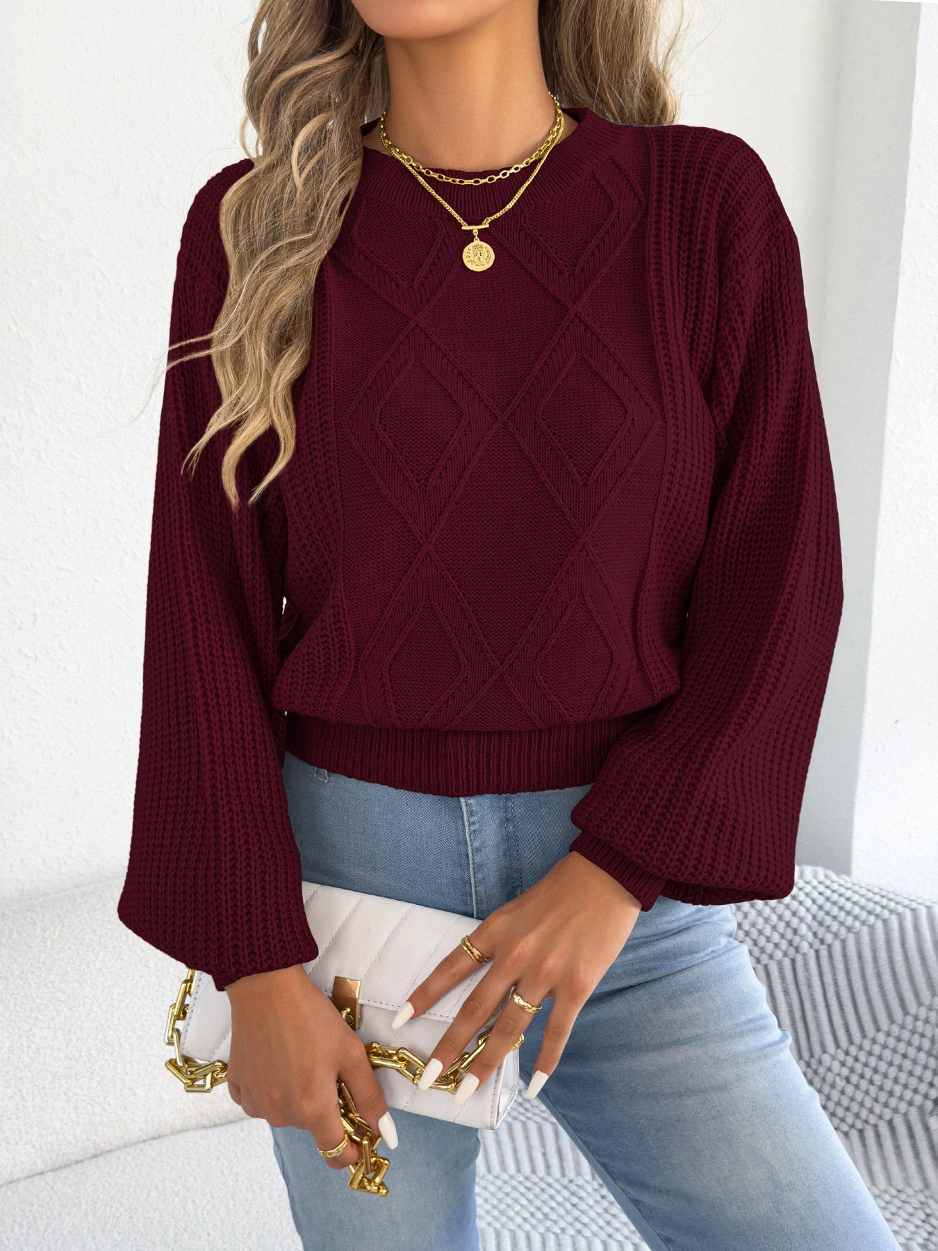 Women’s Round Neck Lantern Sleeve Knitted Sweater – Solid Color Autumn Winter 2025 Knitwear (Yellow, Red, Khaki)
