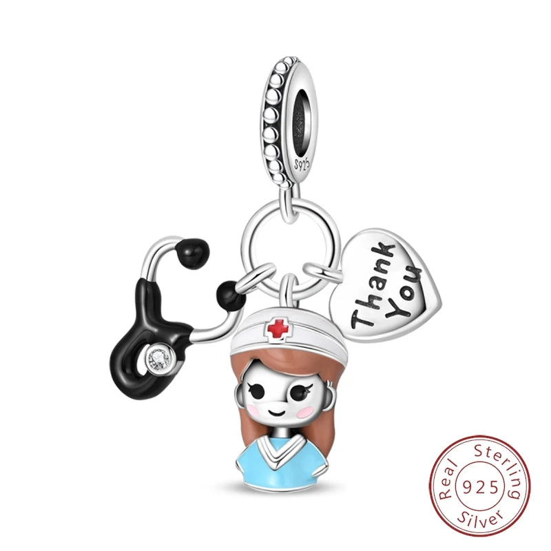 Doctor Nurse 925 Sterling Silver Charms Beads | Original Trendy Medical Pendant for DIY Bracelet Jewelry
