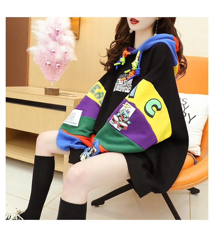 Plus Size Women’s Hoodie – Fleece-Lined Mid-Length Jacket | Autumn Winter Trendy Korean Style Long Sleeve Sweatshirt