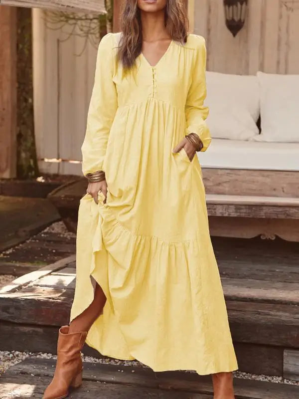 New Autumn Winter Women’s Long Dress – Retro V-Neck Button Long Sleeve Cotton Dress | Wide Swing Casual Fashion