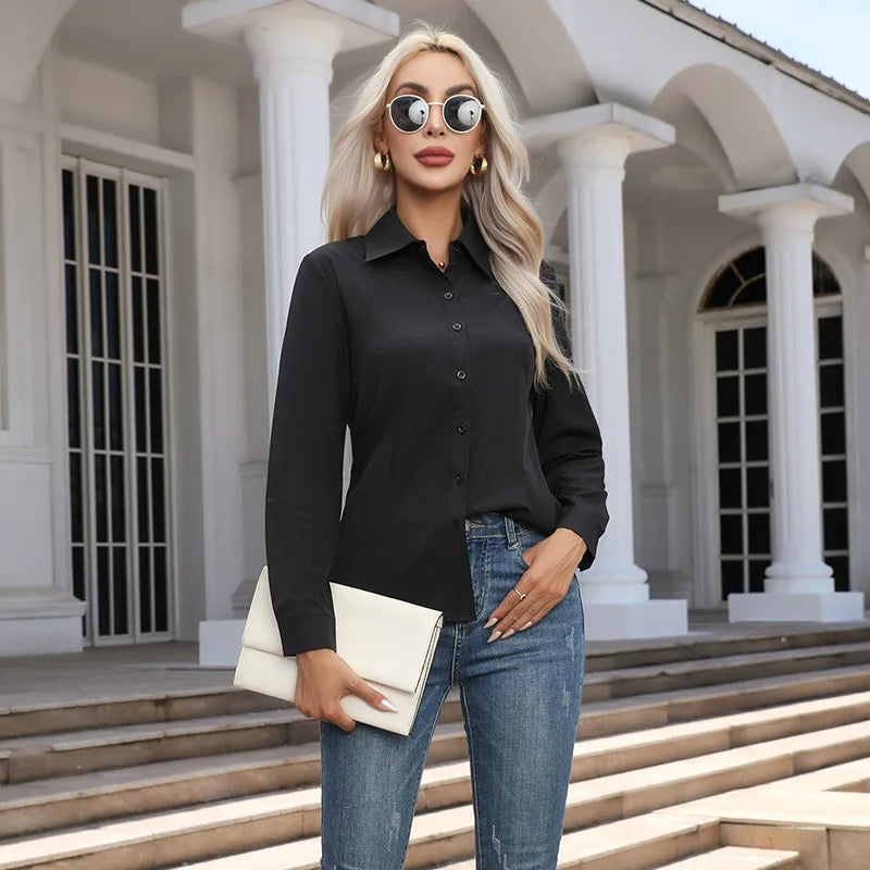 Women’s Solid Color Long Sleeve Shirt – Spring Autumn Casual Turn-Down Collar Loose Top